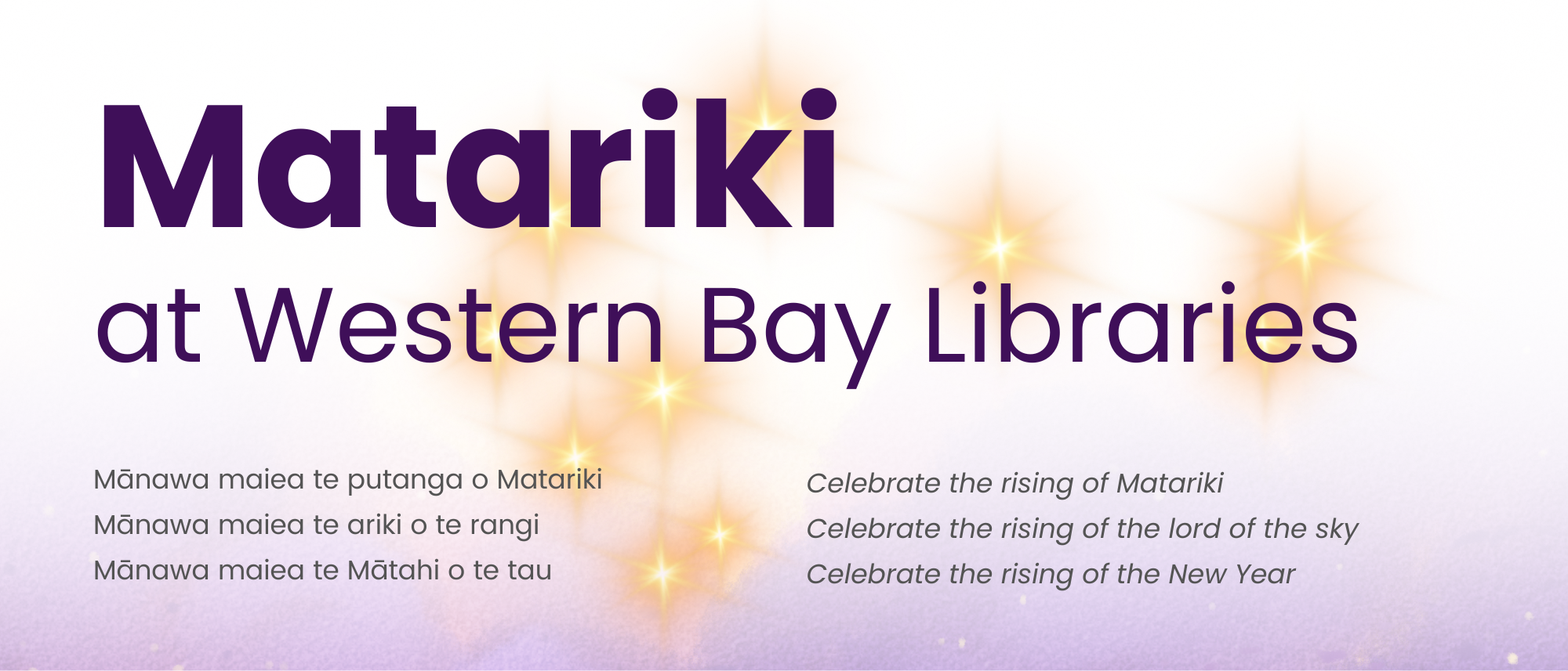 Matariki at Pātuki Manawa heading with gradient purple background and Matariki stars