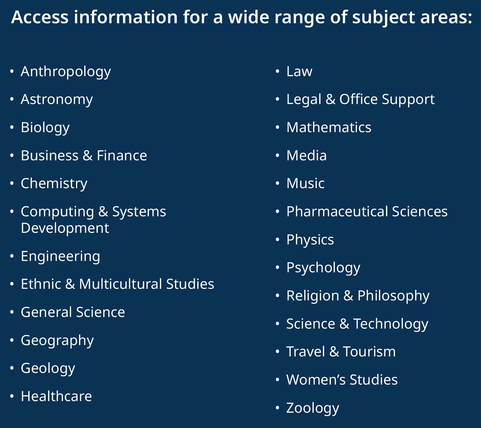 Access current information on dozens of study areas